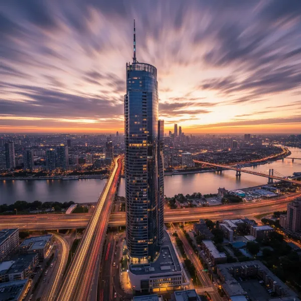 A cityscape time-lapse with a camera slowly arcing around a tall building, showcasing cloud movement.