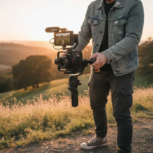 Professional filmmaker using an assembled budget gimbal rig for smooth cinematic shots.