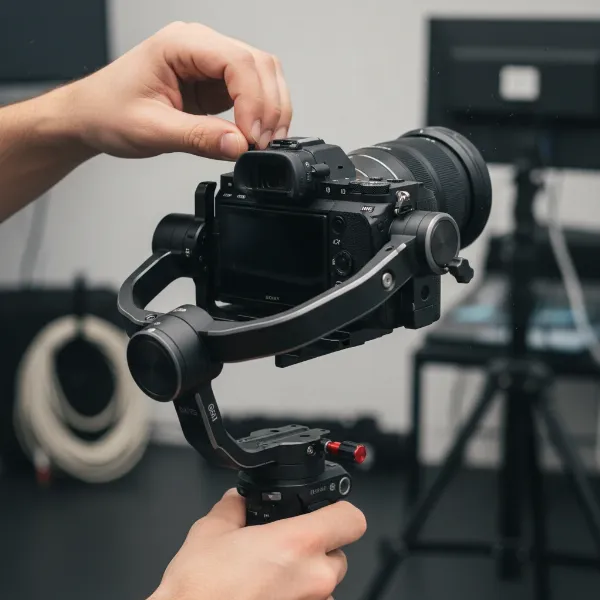 A photographer carefully balancing a Sony mirrorless camera on a 3-axis gimbal for optimal stability