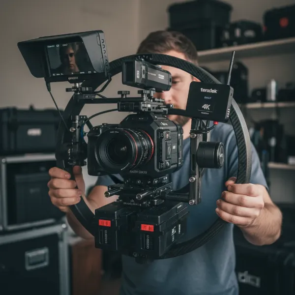 Filmmaker balancing a DJI Ronin gimbal mounted on a ring grip with external accessories