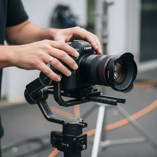 Hands meticulously balancing a camera on a gimbal, ensuring proper weight distribution for optimal performance