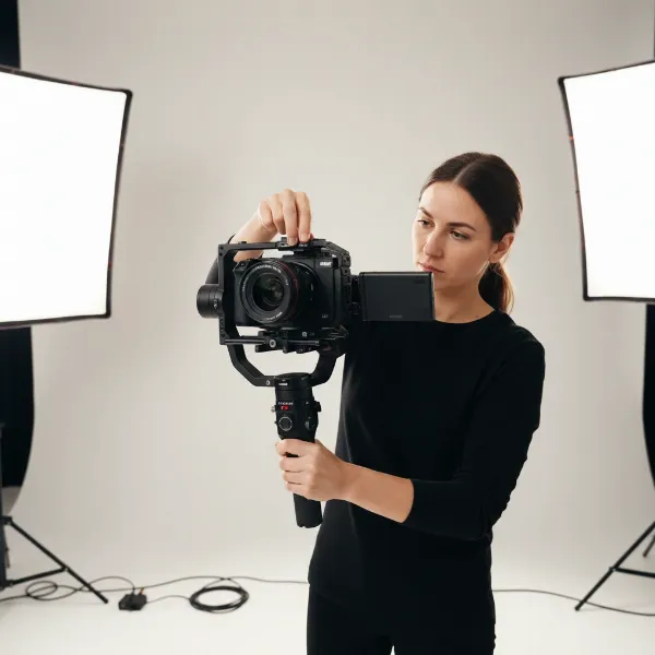 A close-up of a Blackmagic Pocket Cinema Camera 6K Pro mounted on a DJI RS 3 Pro gimbal, showing the tilt axis being adjusted for vertical balance against a blurred background in a studio setting.