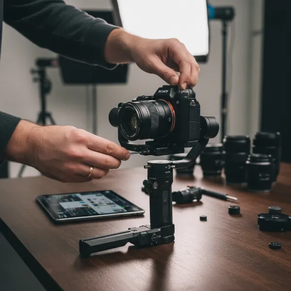 Hands adjusting a mirrorless camera on a 3-axis gimbal for proper balance.