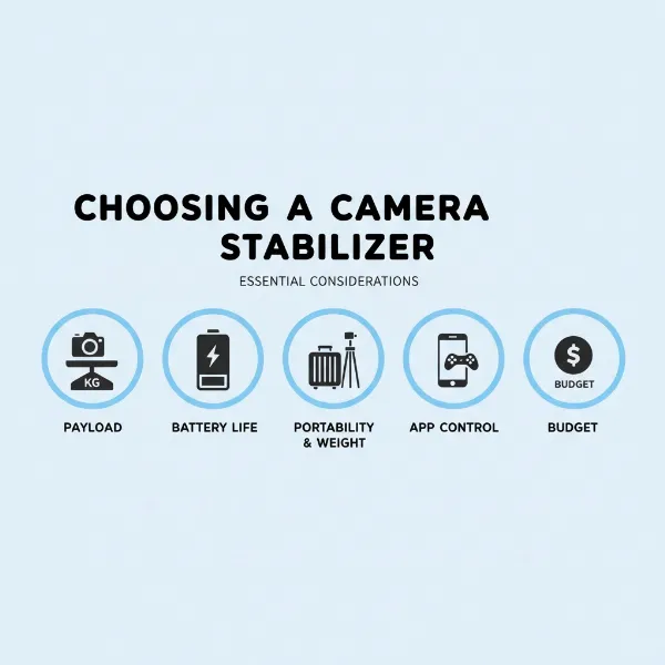 An infographic highlighting key features to consider when buying a camera stabilizer, like payload and battery life.