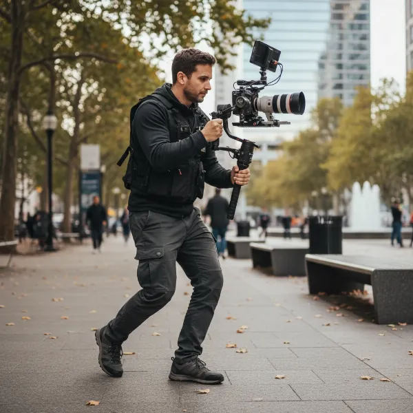 A cinematographer testing a gimbal with a long lens in an outdoor shooting environment, observing footage.