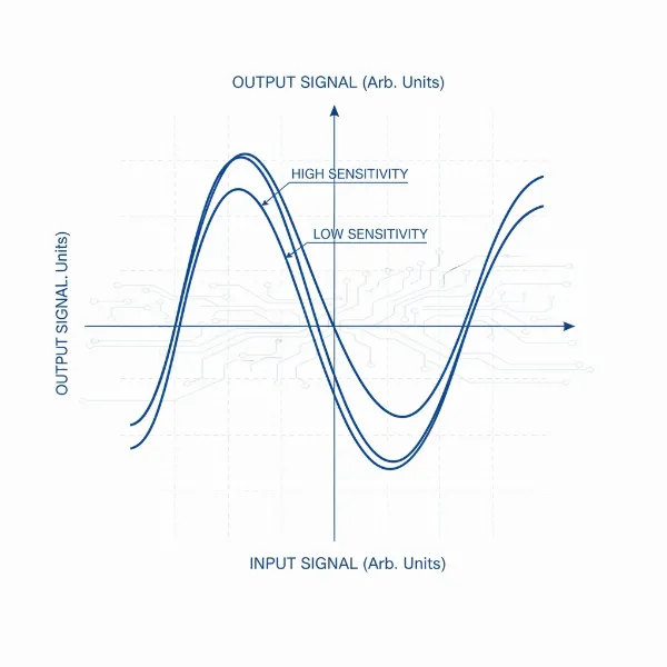 A graph illustrating control system sensitivity with two curves: one showing high sensitivity (steep response) and another low sensitivity (gradual response) to input changes.