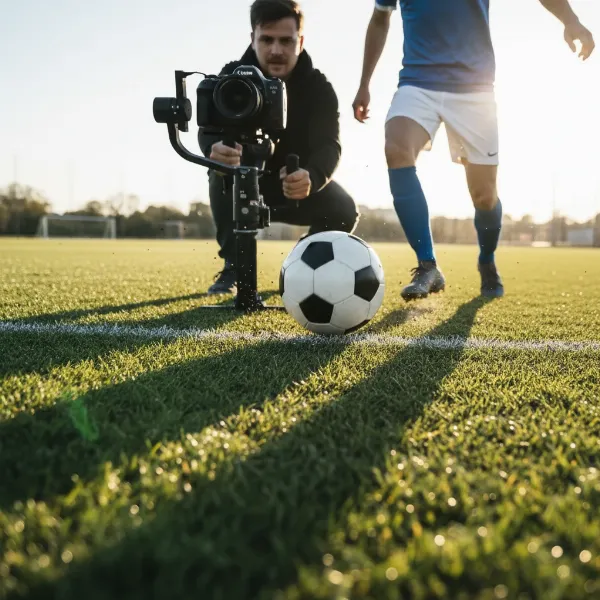 A videographer performing a creative gimbal shot like a low-angle tracking shot during a sporting event.
