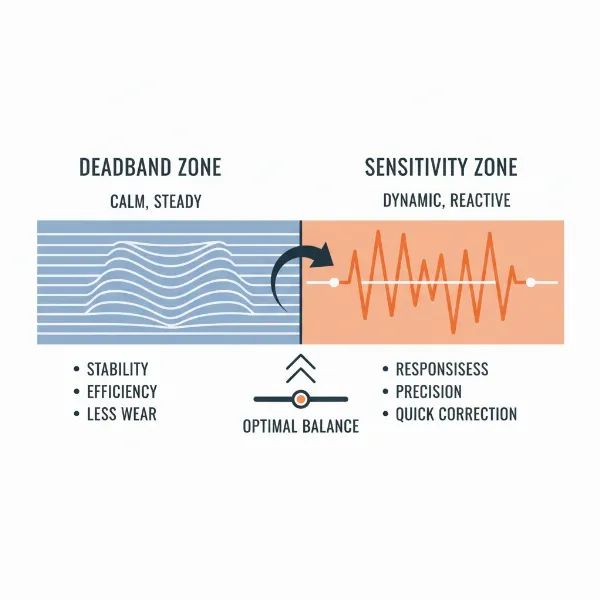 An infographic illustrating the balance between deadband and sensitivity for optimal system performance, showing a stable zone versus a responsive zone.