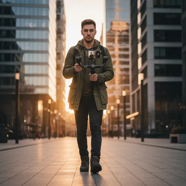 A solo filmmaker using a DJI gimbal with ActiveTrack to capture a smooth, cinematic tracking shot in an urban environment.
