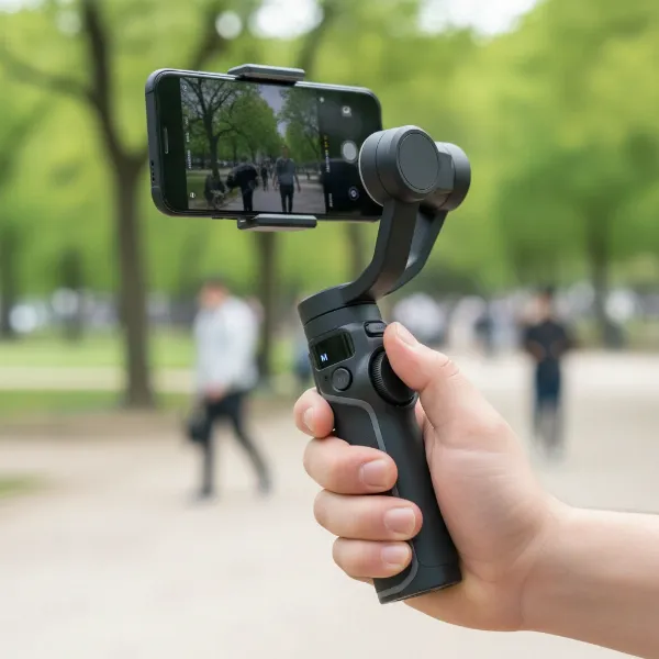 DJI Osmo Mobile 6 demonstrating its built-in extension rod and side control wheel.