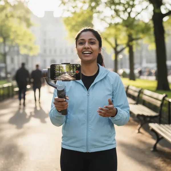 Person using DJI Osmo Mobile 6 to film, demonstrating ActiveTrack 5.0 in action.