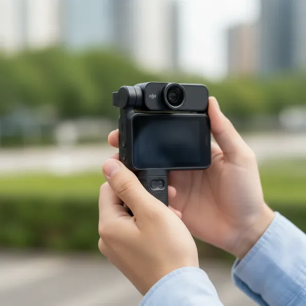 A person holding the compact DJI Pocket 3 camera, demonstrating its small size and ergonomic design for portable content creation.