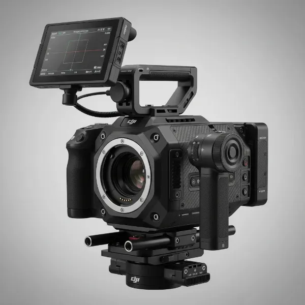 A detailed shot of the DJI Ronin 4D's modular design, highlighting its various integrated components like the monitor, grips, and lens mount.