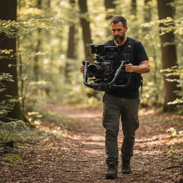 A cinematographer operating a DJI Ronin 4D, showcasing its 4-axis stabilization system in action, moving smoothly through a dynamic outdoor scene.