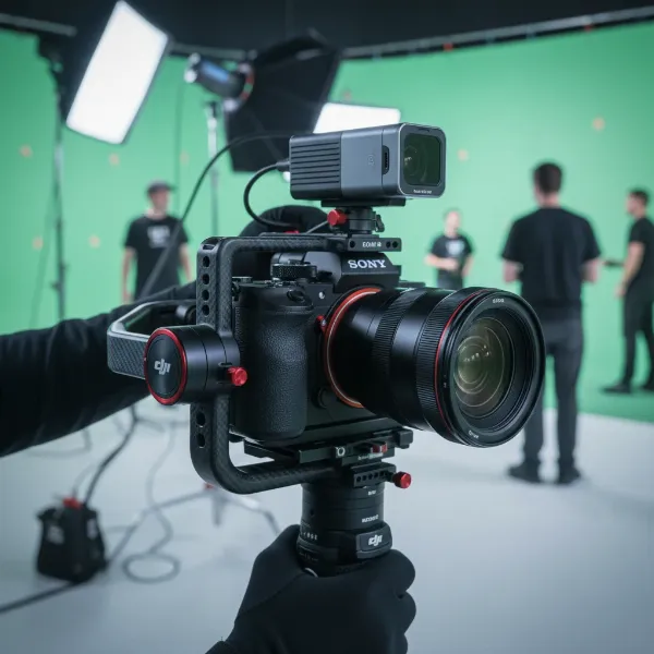 A DJI Ronin RS Pro series gimbal stabilizing a mid-size cinema camera with its automated axis locks engaged.