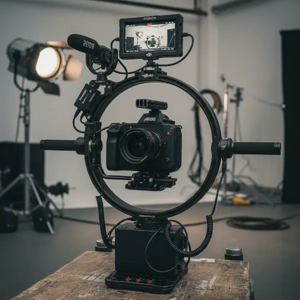 Fully assembled DJI Ronin ring grip with camera, monitor, and wireless accessories attached for a cinema rig setup