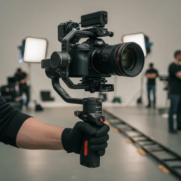 The DJI RS 4 Pro gimbal stabilizing a professional DSLR camera setup for cinematic shooting.