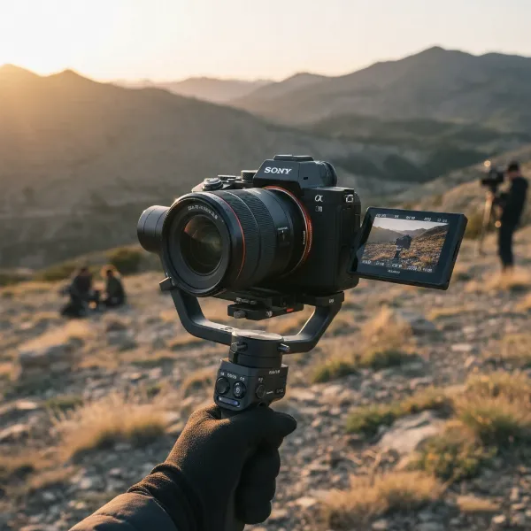 DJI RS 3 Mini gimbal stably supporting a full-frame mirrorless camera with a 24-70mm lens.
