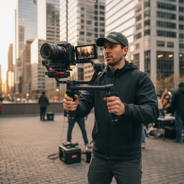 Filmmaker using DJI RS 4 Pro in native vertical shooting mode for social media content.