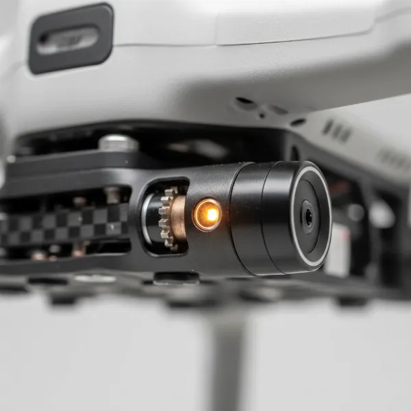 A close-up of a drone gimbal showing its status indicator light during operation.