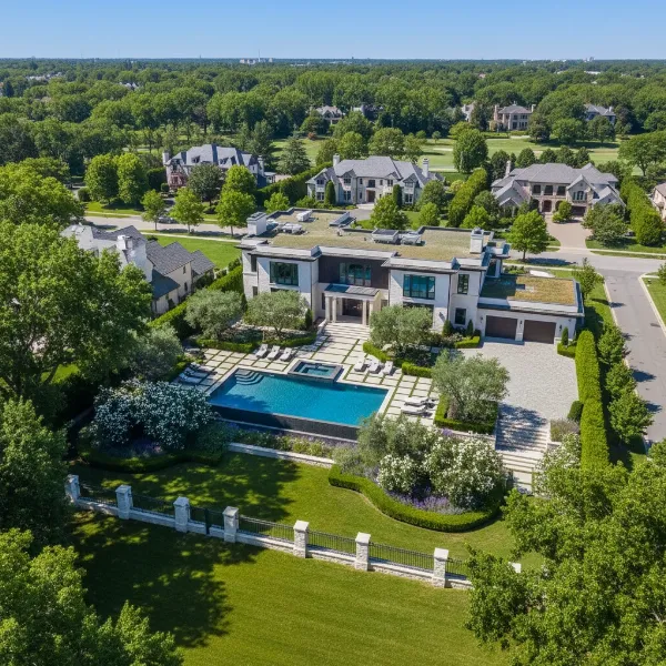 A drone captures a stunning aerial view of a luxurious suburban house and its landscape.