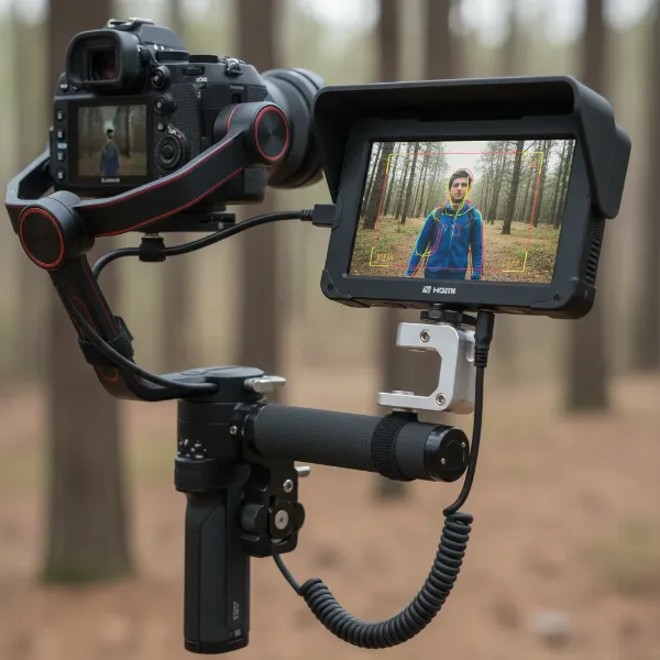 close-up of an external monitor securely mounted on a camera gimbal via a magic arm