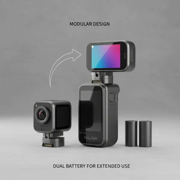 FeiyuTech Pocket 3 showing its compact size, modularity, and dual battery system for extended use