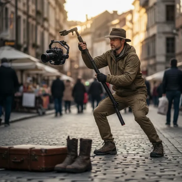 A filmmaker executing a high-to-low crane shot using a monopod and gimbal.