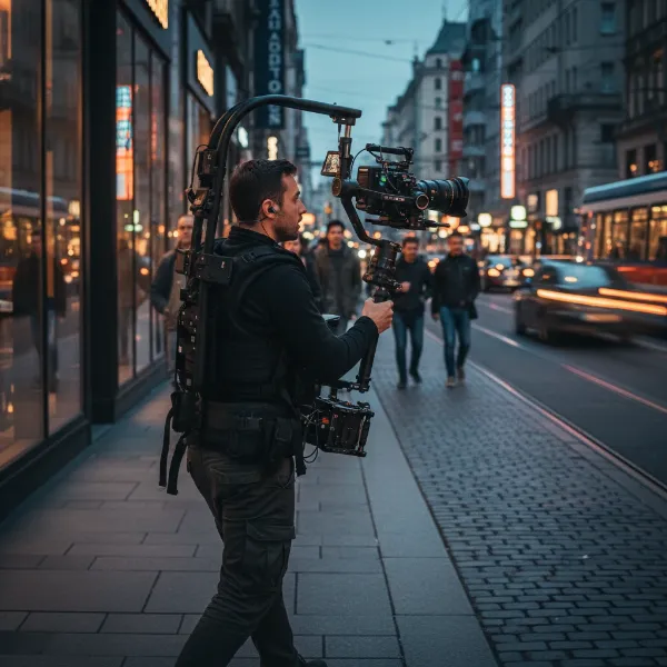 Cinematographer operating heavy gimbal with body-worn support system in urban setting