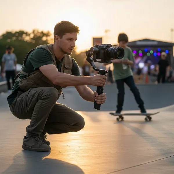 Filmmaker operating a Panasonic GH6 on a compact, ergonomic gimbal for smooth, dynamic video shots.