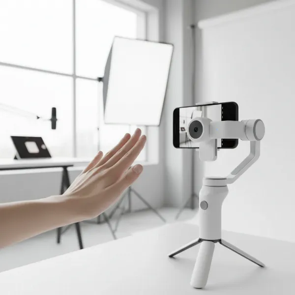 A person demonstrating a palm gesture to an AI-powered smartphone gimbal mounted on a tripod, with a smartphone in the clamp