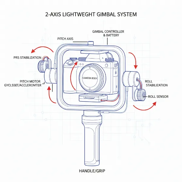 A detailed illustration of a 2-axis gimbal stabilizing camera motion along pitch and roll axes.