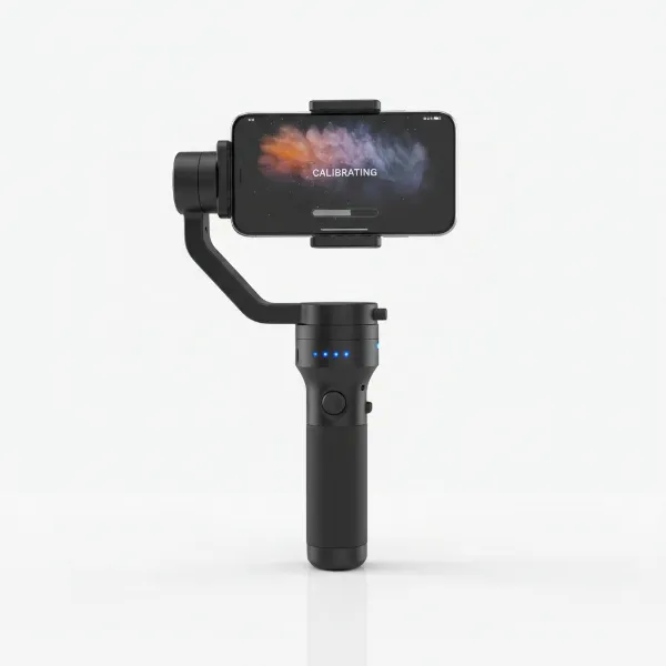 A gimbal automatically calibrating on a flat surface with a smartphone mounted, showing a stable, hands-free operation