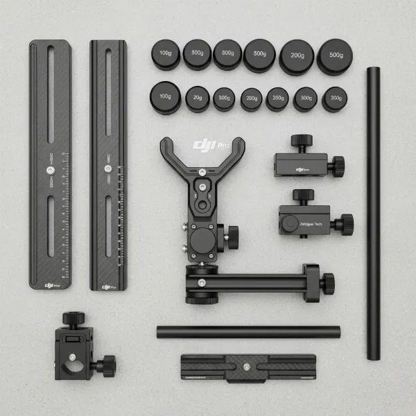 An array of specialized gimbal accessories designed for balancing heavy long lenses, including plates, weights, and supports.