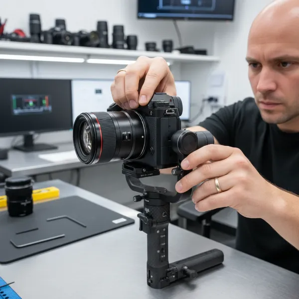 Man's hands meticulously balancing a professional camera on a 3-axis gimbal for smooth video.