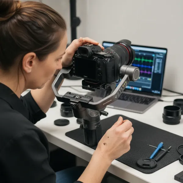 A person carefully adjusting a gimbal's axes (tilt, roll, pan) to achieve perfect balance with a long lens.