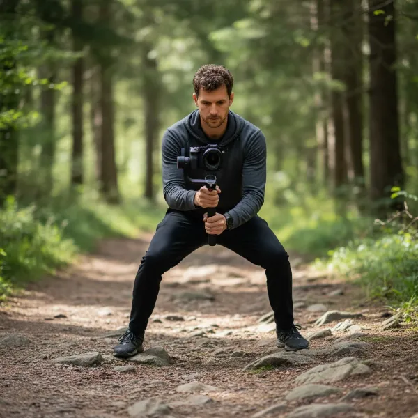 Illustration of a person performing the bent-knees walking technique for gimbal stabilization.