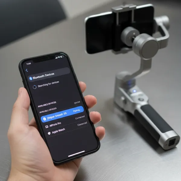 A hand holding a smartphone attempting to connect to a gimbal via a Bluetooth connection screen.