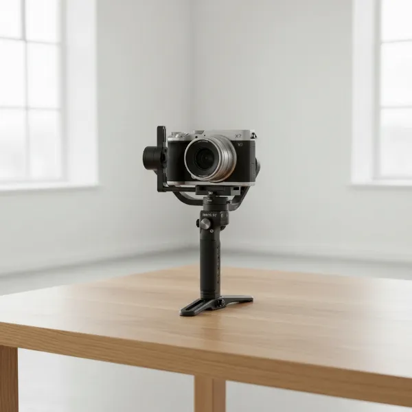 A gimbal with a camera mounted, placed on a perfectly flat table during calibration.