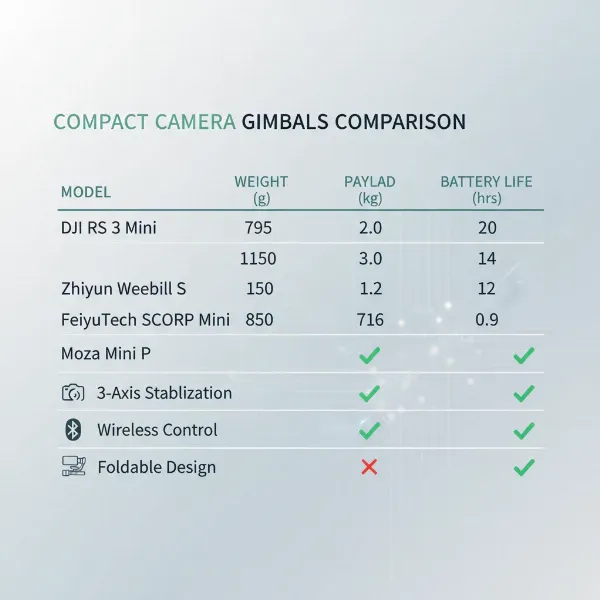 A clear and easy-to-read comparison table of various gimbals for compact cameras, highlighting their key specifications and features.