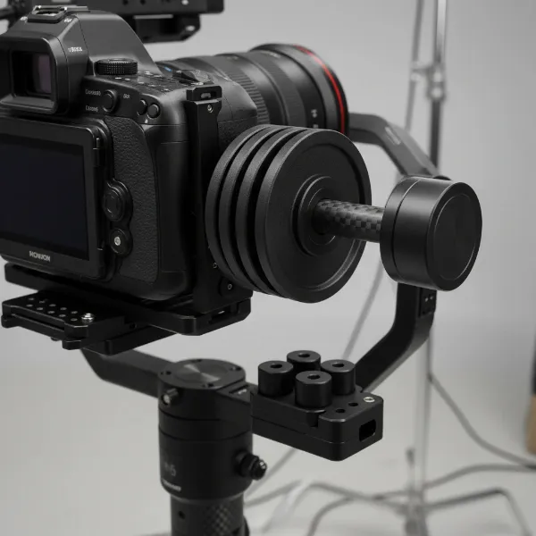 Stackable counterweights mounted on the rear of a gimbal's camera plate to balance a long lens.