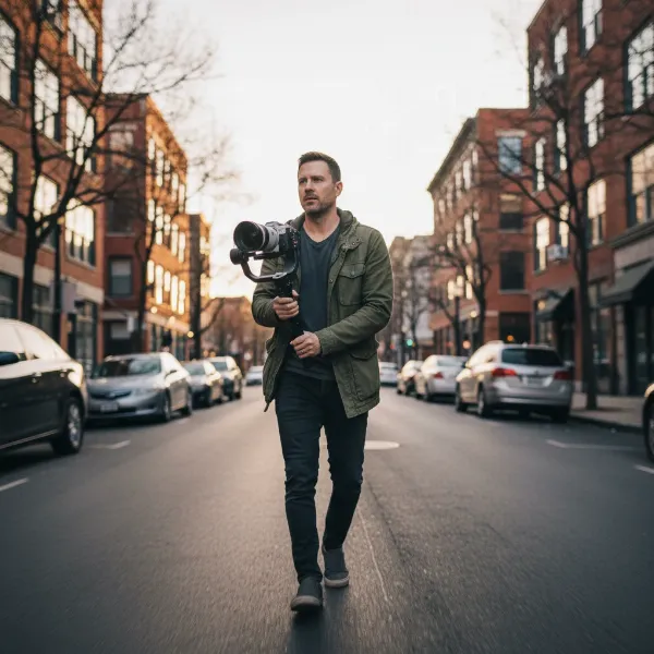Filmmaker uses gimbal for dolly zoom shot, maintaining subject focus with background distortion.