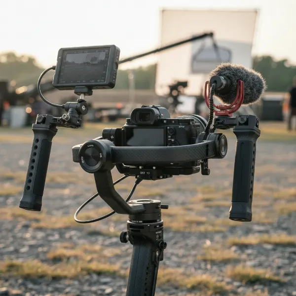 A professional gimbal setup with dual handgrips, mounting various essential accessories.