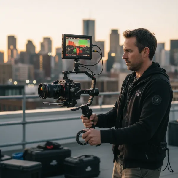 A filmmaker using a gimbal with an external monitor for precise framing and focus.