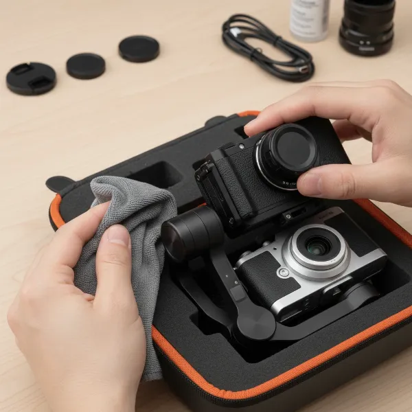 A person cleaning and storing a compact camera gimbal, emphasizing proper care.