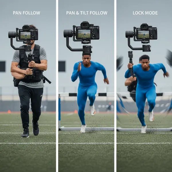A gimbal with a camera mounted, illustrating different operational modes for sports videography.