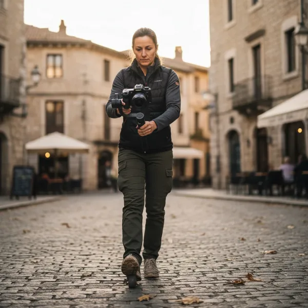 Illustration of a person performing the heel-to-toe "ninja walk" for smooth gimbal footage.