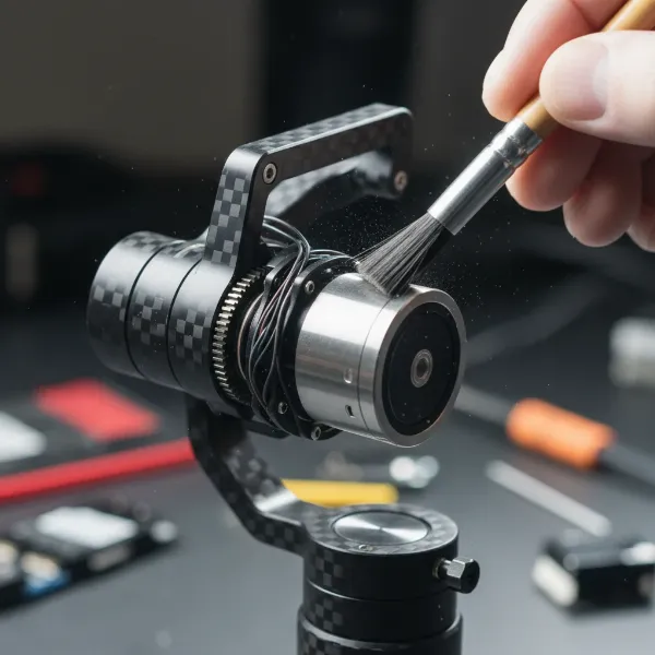 Close-up of a gimbal being inspected for obstructions and debris around its motors and axes, highlighting careful attention to detail for troubleshooting motor overload errors.