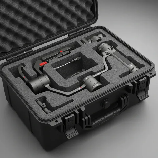 A Zhiyun or DJI gimbal securely stored in a padded case with all locks engaged, illustrating best practices for preventing motor overload through careful transport.