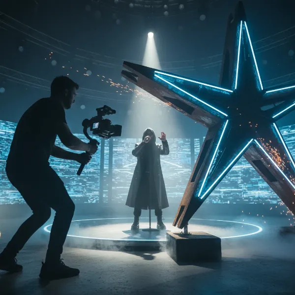 Filmmaker using a gimbal to reveal a singer behind a dramatic prop in a music video set.